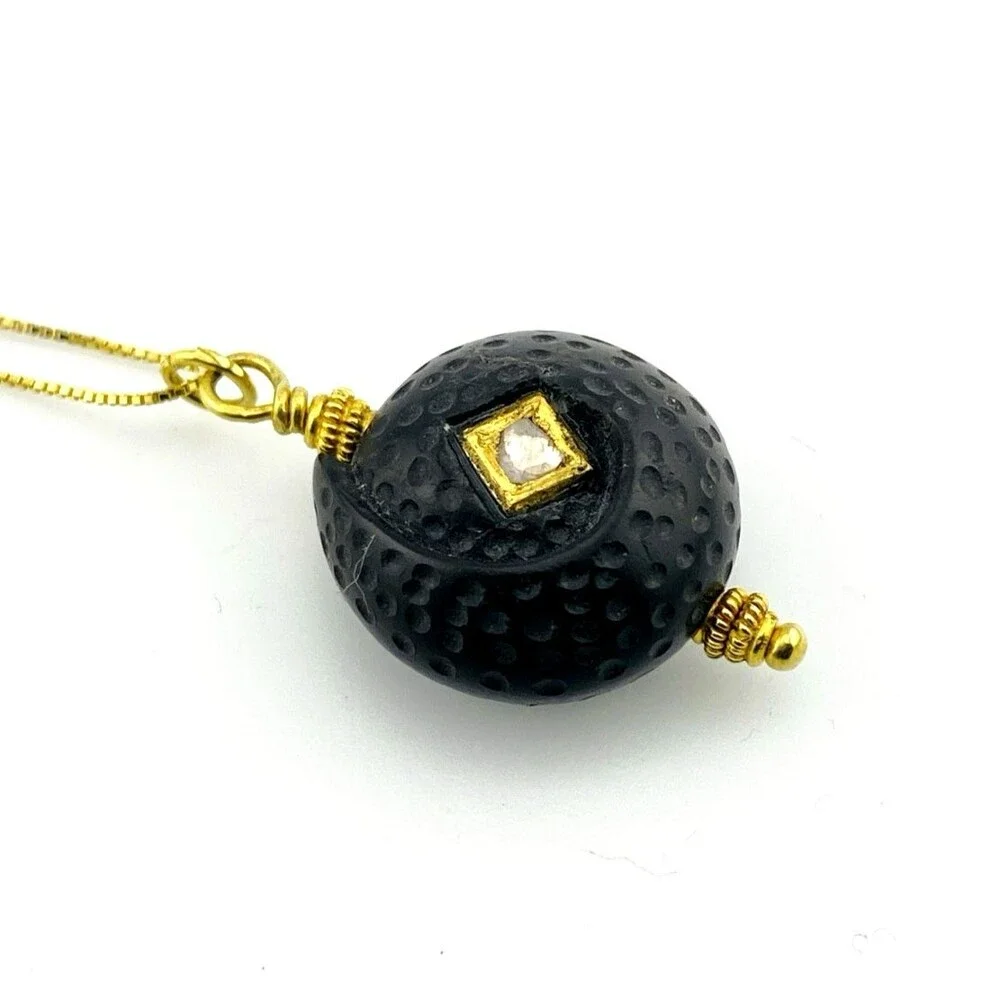OOAK Vintage Carved Black Bead Diamond 14K Gold Artist Pendant
